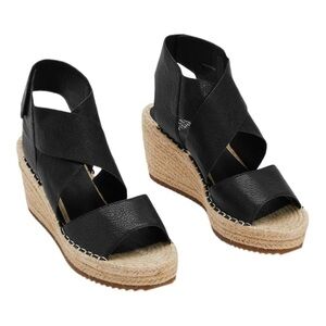 NEW Eileen Fisher Black Willow Wedge Platform Espadrille Sandals Size 6.5